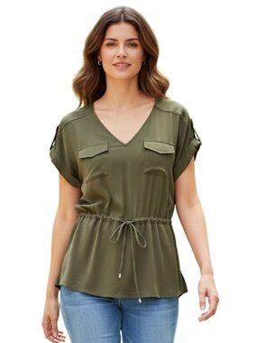 CALVIN KLEIN Short Sleeve Top V-Neck, Adjustable Cinched Waist, Green, Size Med